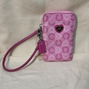 Coach Pink Signature Heart Wristlet Phone Pouch